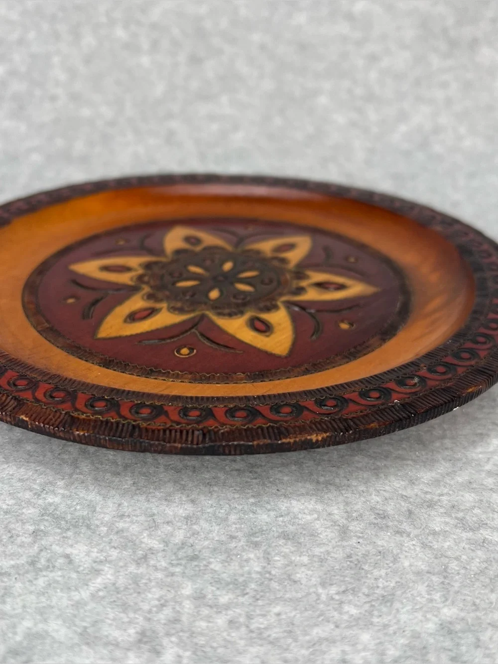 Vintage Decorative Ornate Carved Wooden Folk Art 8” Plate Polish